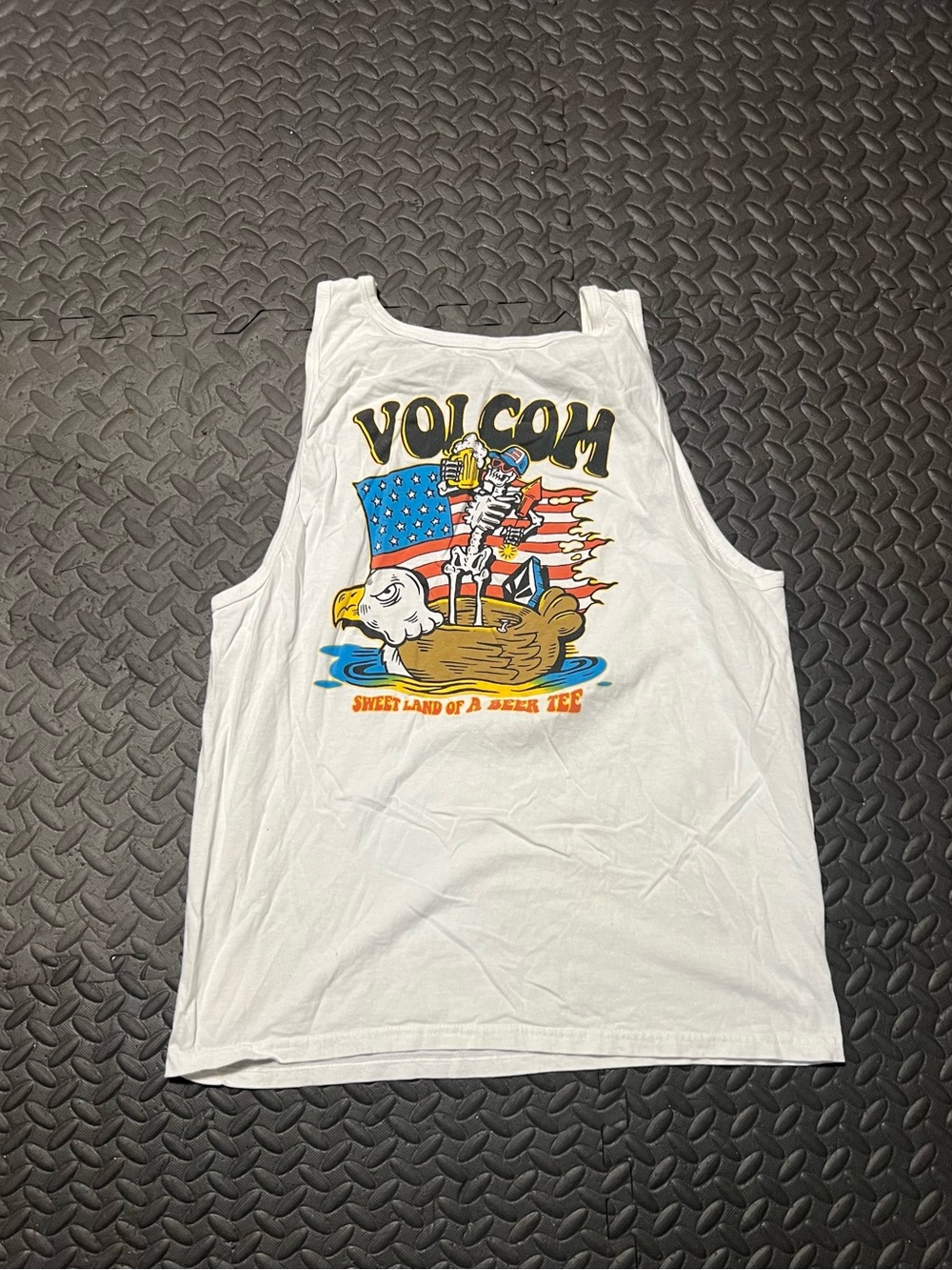 Volcom White Tank with Patriotic Eagle & Skeleton Graphic